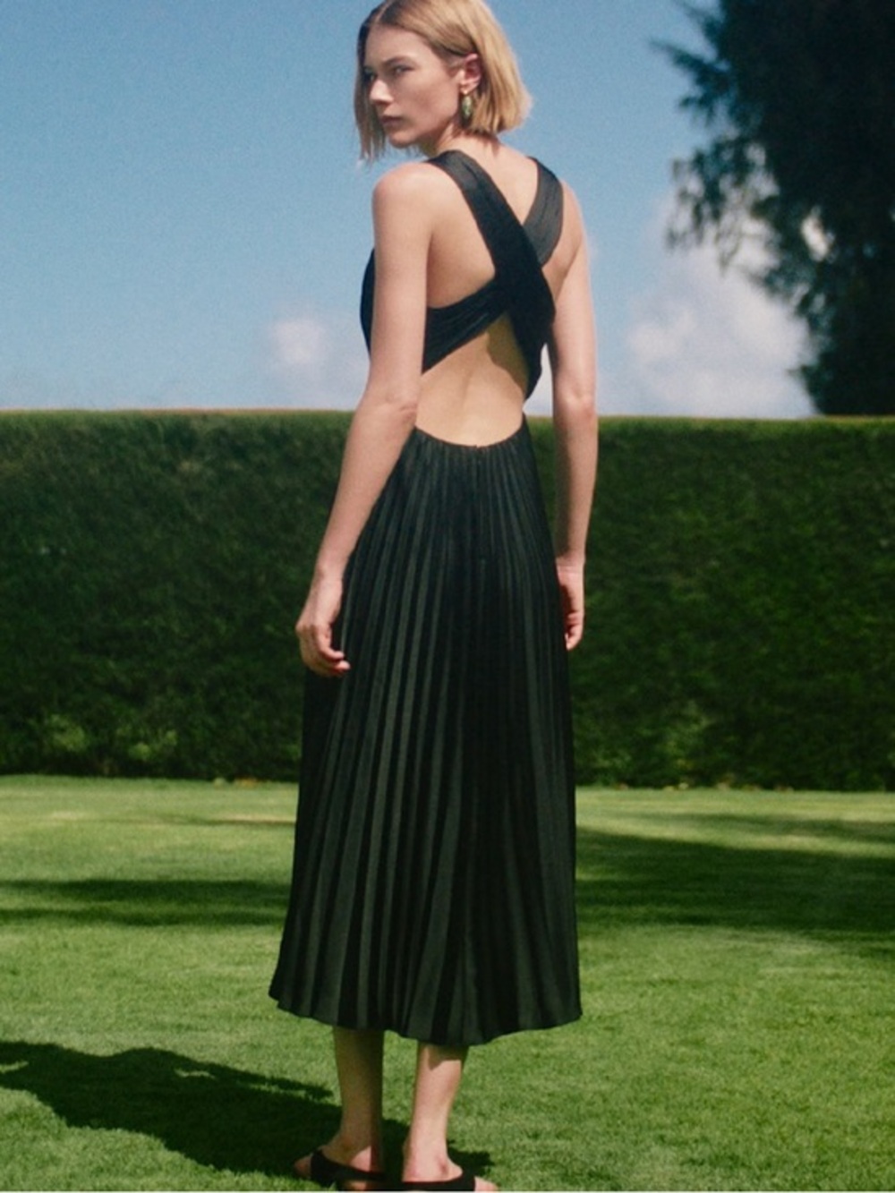 ARITZIA Ten $198 Rio Satin Black Pleated Halter Midi Dress NEW (A.L.C. Style)